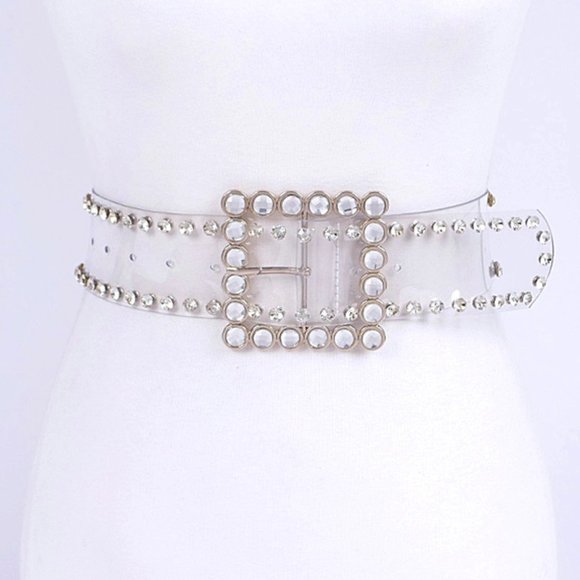 BNWT Plus Size Crystal Rhinestone Square Buckle Cleared Transparent Fashion Belt - Picture 1 of 5